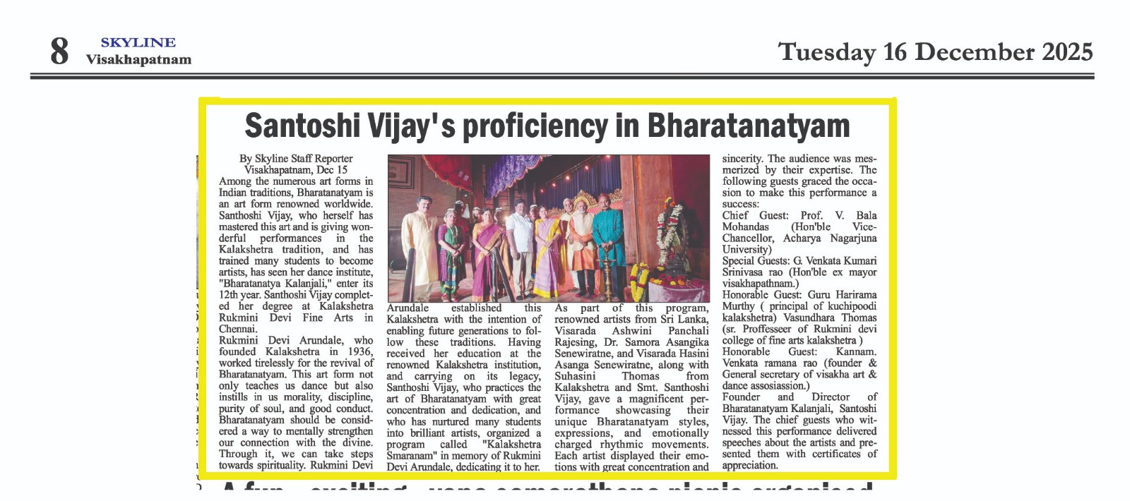 Press article on Kalanjali Bharatanatyam students winning dance competitions